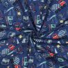 Tissu popeline camions fond bleu  Tissu popeline camions fond bleu