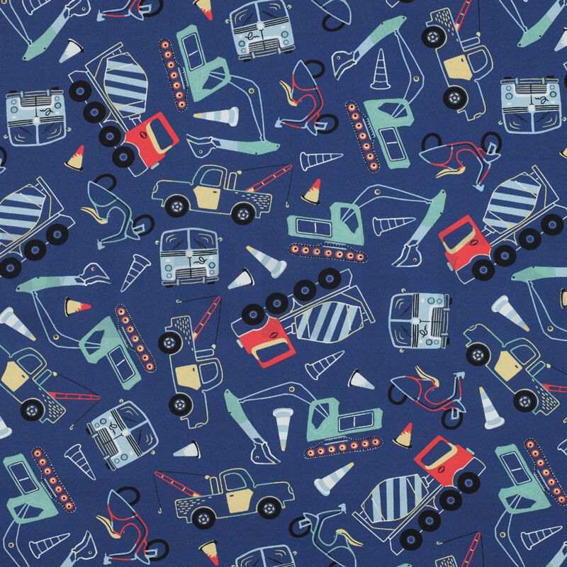 Tissu popeline camions fond bleu  Tissu popeline camions fond bleu