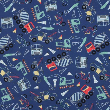 Tissu popeline camions fond bleu  Tissu popeline camions fond bleu