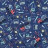 Tissu popeline camions fond bleu  Tissu popeline camions fond bleu
